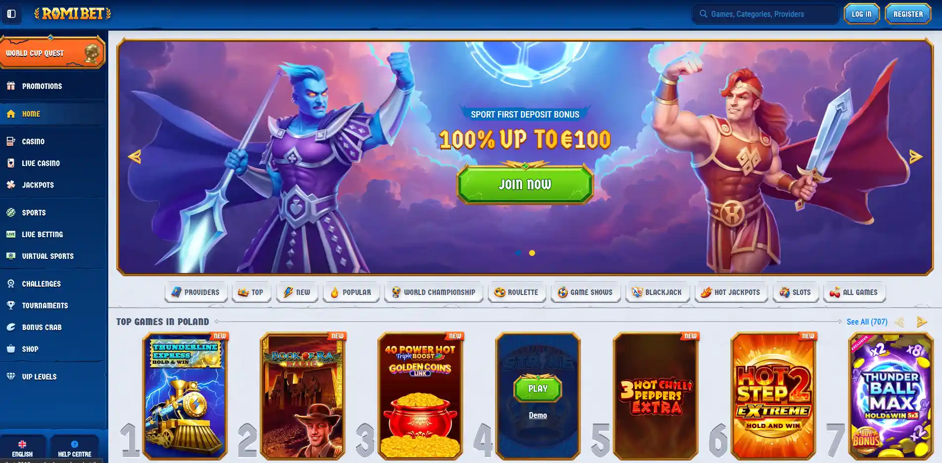 Startseite des Romibet Casinos mit Spielkatalog und Navigation