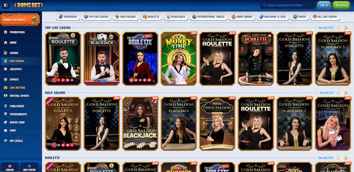 Live-Casino-Bereich mit Croupier bei Romibet